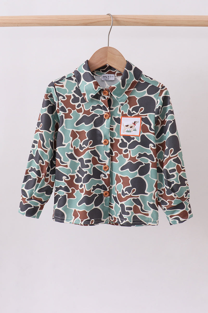 Abby & Evie Kids Camouflage puppy hunting embroidery button shirt