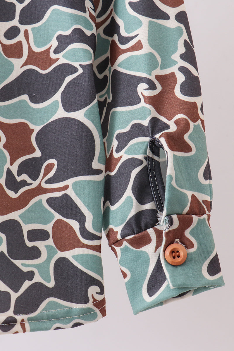 Abby & Evie Kids Camouflage puppy hunting embroidery button shirt