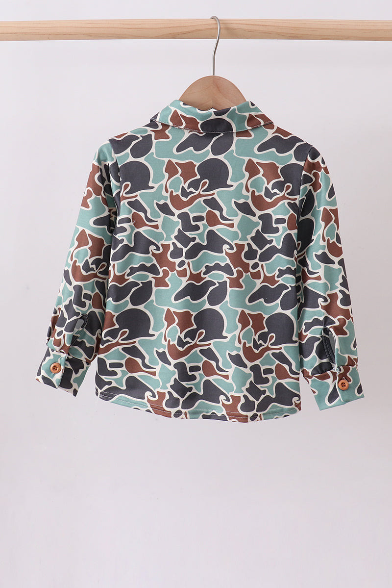 Abby & Evie Kids Camouflage puppy hunting embroidery button shirt