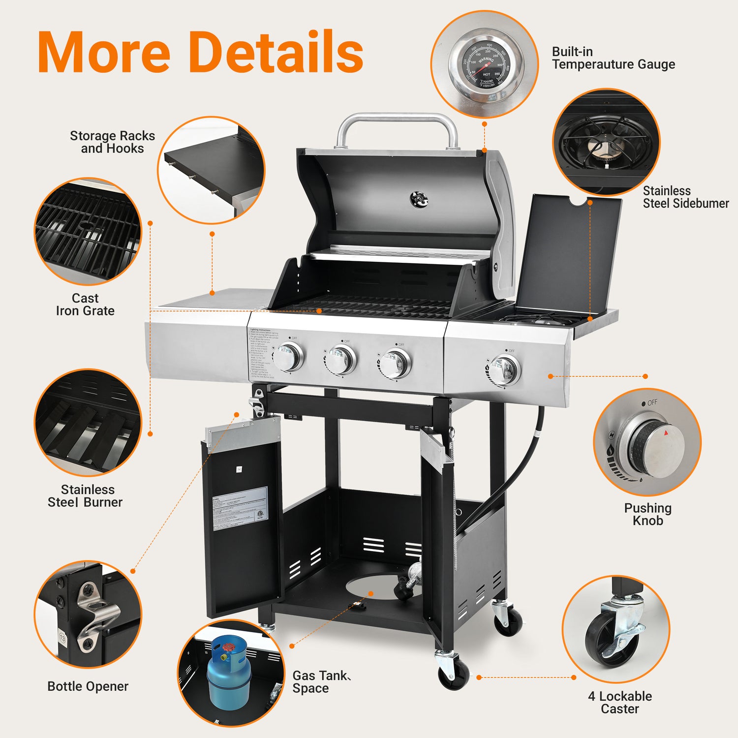 Heavy-Duty Stainless Gas Grill + Side Cooker